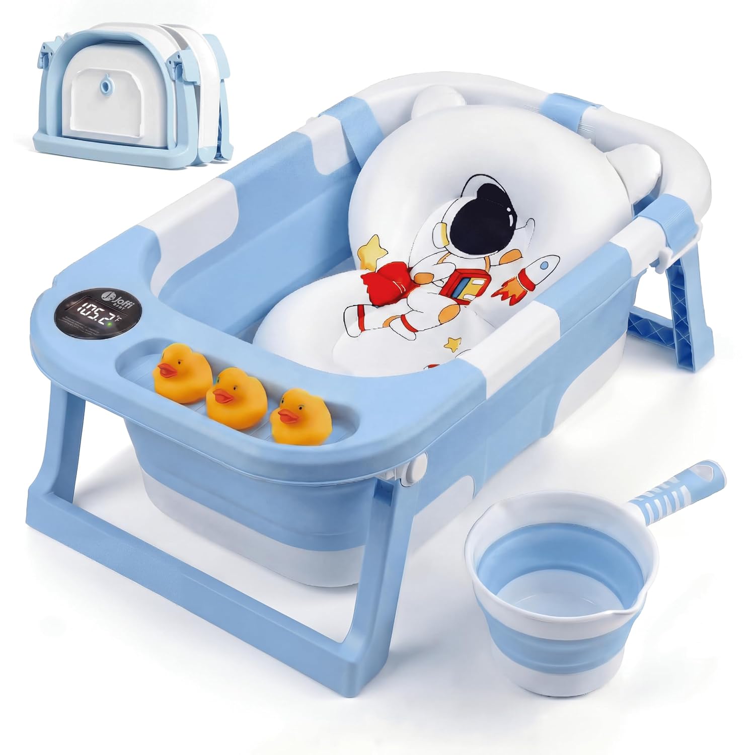 Collapsible Baby Bathtub for Newborn Infant Girl & Boy 0-24 Months, Foldable Portable Bathtub with Thermometer, Heat Sensor, Drain Plug, Water Scoop, Cushion Pillow, Compact Travel Bath Tub for Shower