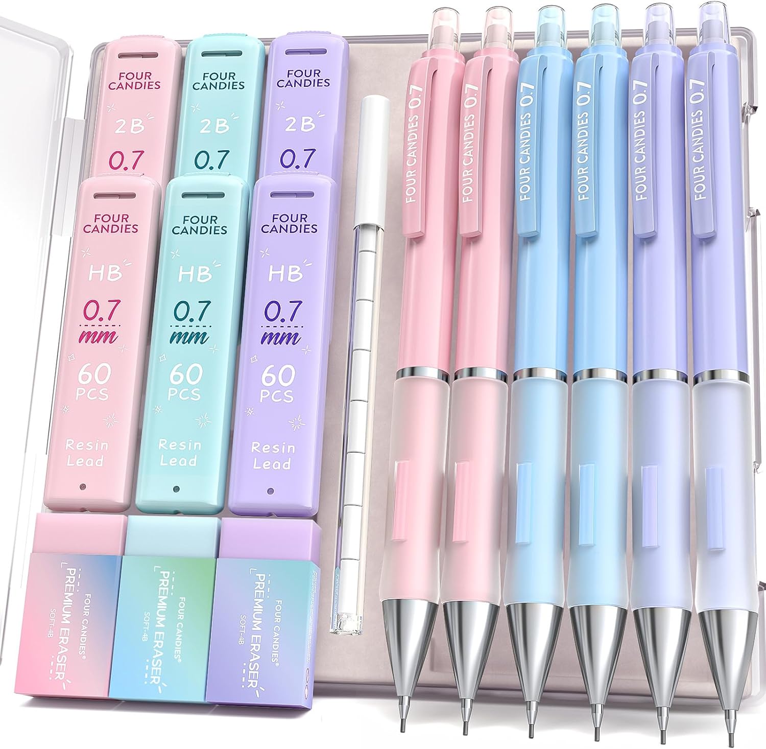 Four Candies Pastel Mechanical Pencil Set, 0.7mm Medium Point, Pack of 6 | 360 HB/2B Leads, 3 Erasers+9 Refills, Storage Case, Cute Pink/Purple/Blue Barrels, Rubber Grip, for School Note Taking, Exams