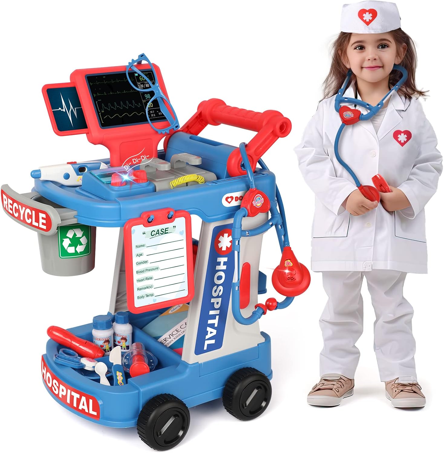 Liberry Toddlers Doctor Kit Toy for Girls Boys Ages 2 3 4 5, Blue | Kids Doctor Playset with Cart, Costume & Stethoscope, Role Play, Pretend Play Medical Toys, Birthday Gift