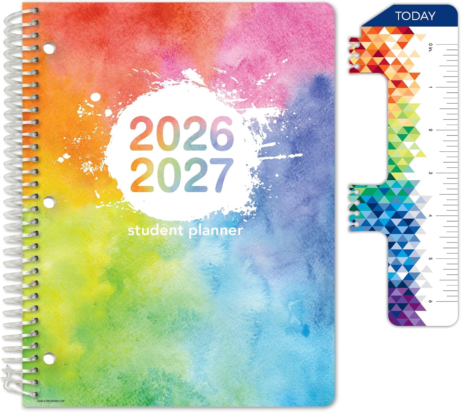 Global Datebooks 2026-2027 Elementary Student Planner 8.5″ x 11″ – Dated Weekly & Monthly Academic Planner with Ruler/Bookmark & Stickers, Ideal for Homework, Matrix Style, Rainbow Watercolors