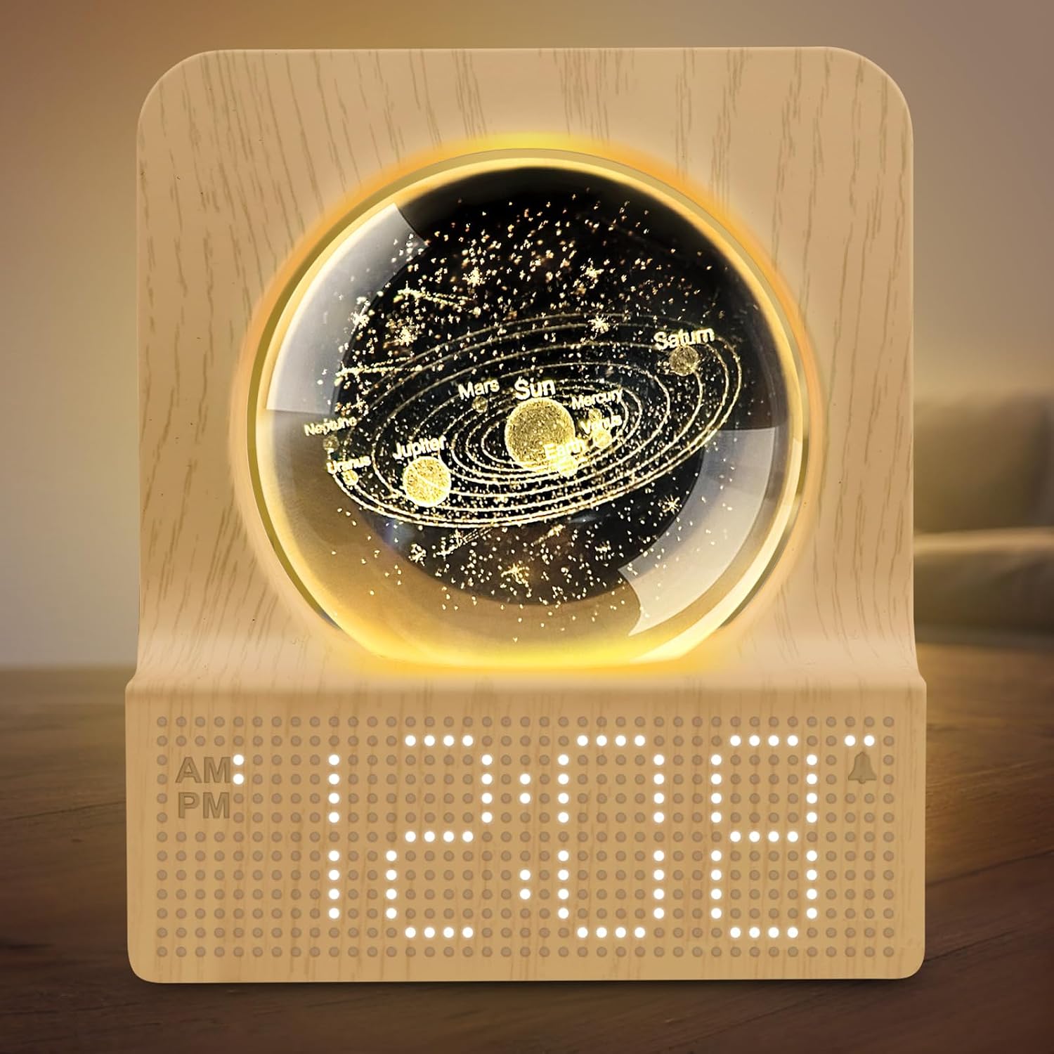 DreamSky Space Alarm Clock for Kids Teens with RGB Night Light for Bedroom | Small Digital Clock with Colorful Crystal Ball Decor for Living Room Office, Dimmer, Gifts for Boys Girls Women (Wood Grain)
