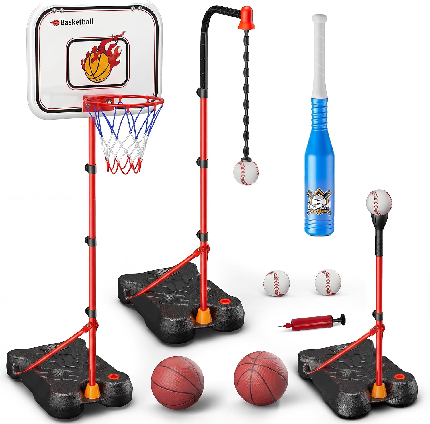 Kids Basketball Hoop Set with T Ball Stand, 4 in 1 Adjustable Kids Sports Toy Indoor Outdoor, Basketball Goal for Kids 2 to 8, Easy Setup, Durable Base, Gift Toy