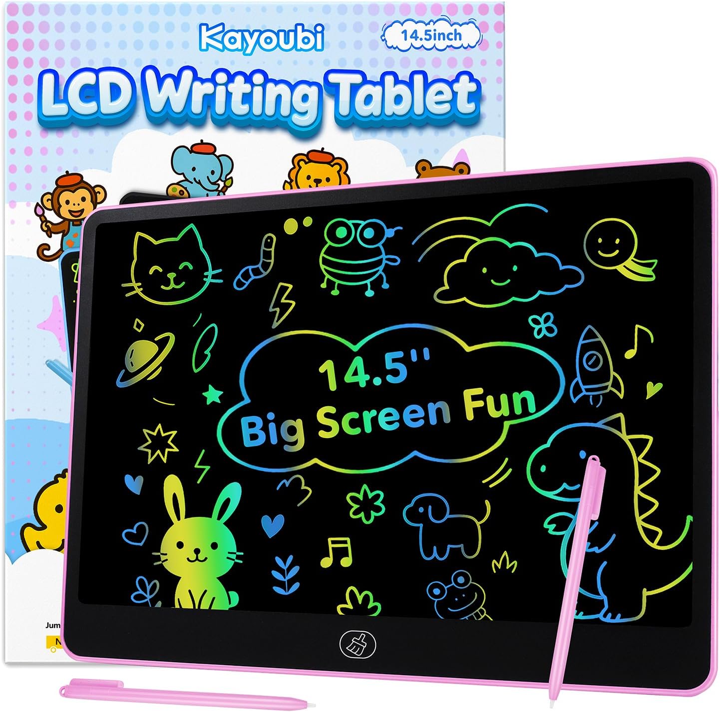 Kayoubi LCD Writing Tablet for Kids, 14.5 Inch Large Drawing Board, Pink | Reusable erasable doodle pad with 2 pens, no blue light, educational learning toy, gifts for boys and girls ages 3-8