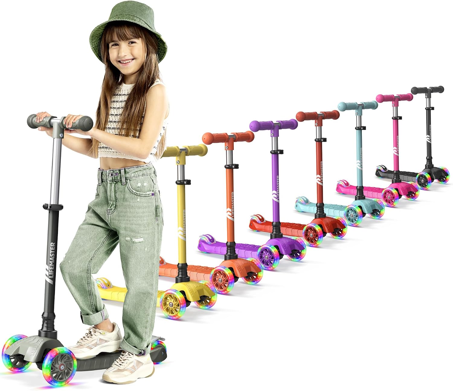Lifemaster Mini 3-Wheel Kids Scooter with Multi-Color Wheel Lights – 4-Height Adjustable Handlebar, Wide Anti-Slip Deck, Child Safety Certified, Boys & Girls Ages 2+ Supports Up to 110 lbs
