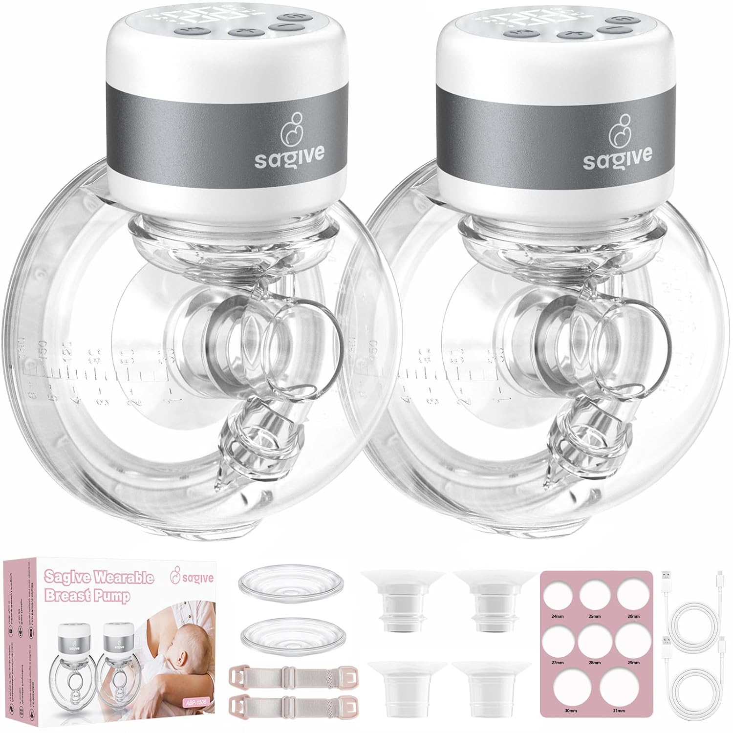 Wearable Breast Pump ABP-1506, Strong Suction Hand Free Double | Electric Breast Pumps with 3 Modes & 9 Levels LED Display Portable Breastfeeding Pump for Office & Home, 21/24mm Flange