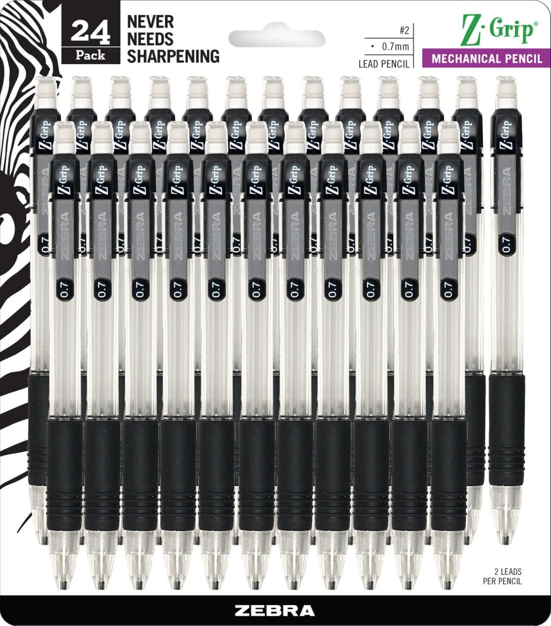 Zebra Pen Z-Grip Mechanical Pencil, 0.7mm #2 HB, Clear Barrel, 24-Pack | Latex-Free Grip, Smooth Writing, Comes Pre-Loaded with Lead and Eraser, Refillable, Ideal for School Supplies (15241)