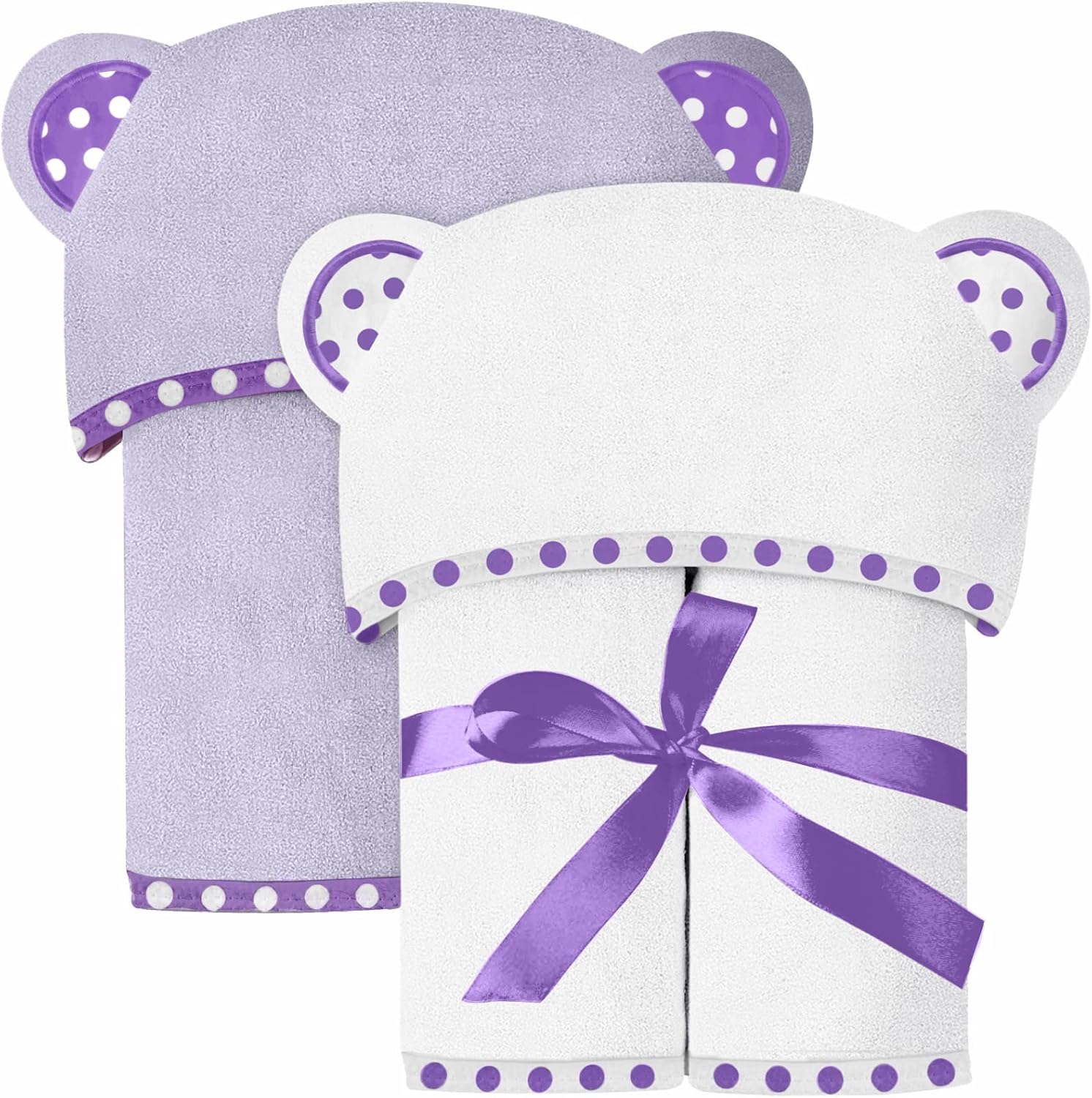 Set of 2 Hooded Baby Towels – White and Purple – Luxurious, Large and Super Absorbent – 35 x 35 Inch – Soft and Suitable for Infants, Toddlers and Kids – 400 GSM