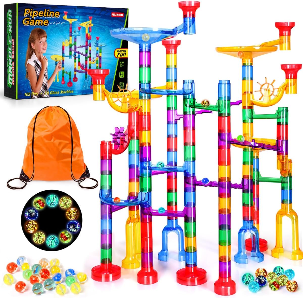 Meland Marble Run – 132Pcs Marble Maze Game Building Toy for Kid, Marble Track Race Set & STEM Learning Toys for Boy Girl Age 3 4 5 6 7 8 9+ (102 Translucent Marbulous Pcs & 30 Glass Marbles)