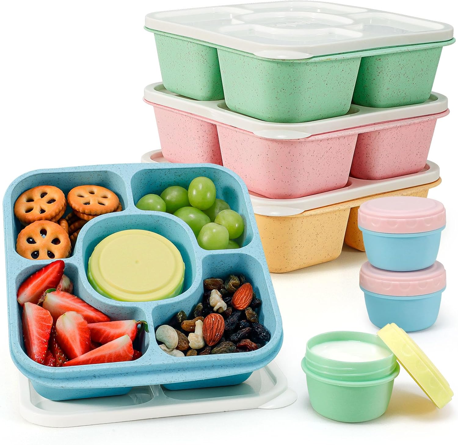 Caperci Original Lunchable Snack Containers for Kids & Adults – 5 Compartments Bento Snack Boxes with 4 Leakproof Small Containers, Wheat Straw, BPA-Free, Set of 4 (Vintage Colors)
