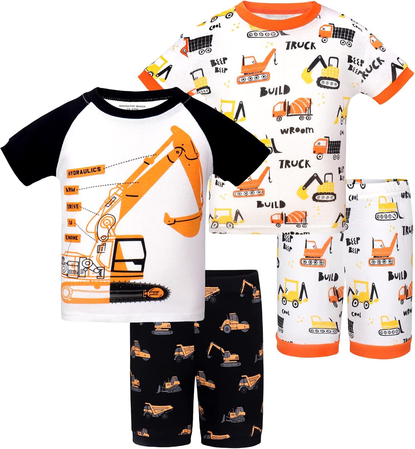 DAUGHTER QUEEN Boys Short Sleeve 4-Piece 100% Cotton Pajamas Size 18M–12Yrs | Soft, Breathable, Lightweight, Comfortable, Gentle on Skin, Tagless, Snug Fit