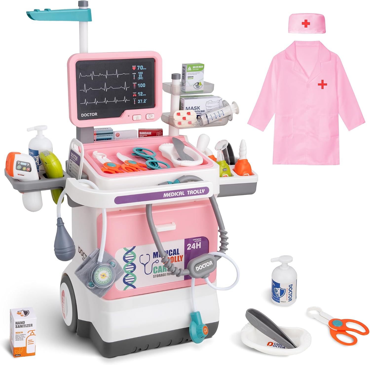 Toddlers Doctor Kit – Stethoscope ,Thermometer,Doctor Costume,Kids Ages 3-5 | Deluxe Pretend Medical Cart Toy PlaySet ,With Storage Space – Educational Role Gift for Kids Boys & Girls Ages 3 4 5