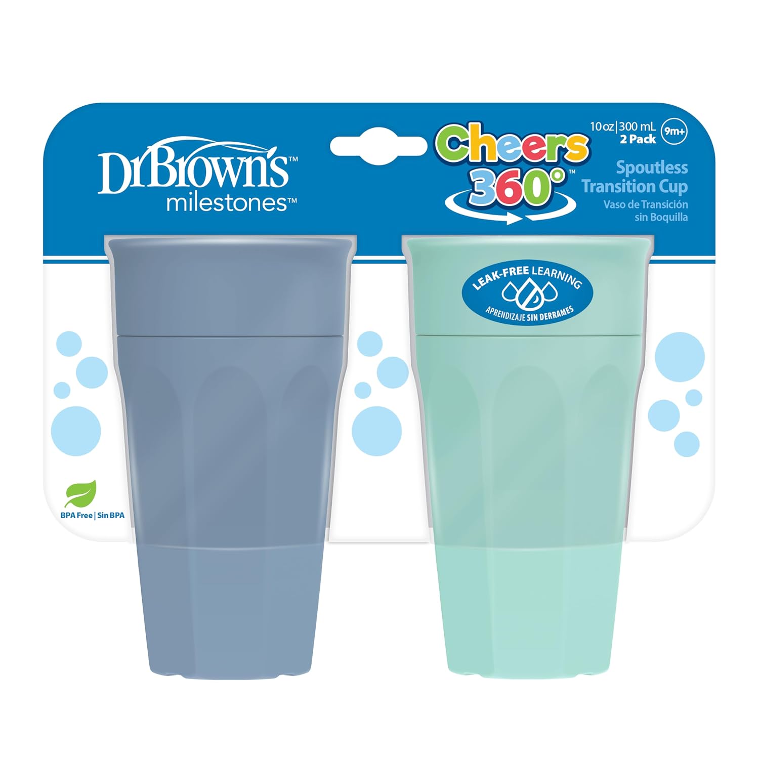 Dr. Brown’s Milestones Cheers 360 Spoutless Transition Cup, Travel Friendly and Leak Free Sippy for Babies and Toddlers, Aqua and Blue, BPA-Free, 10 oz/300 mL, 9m+