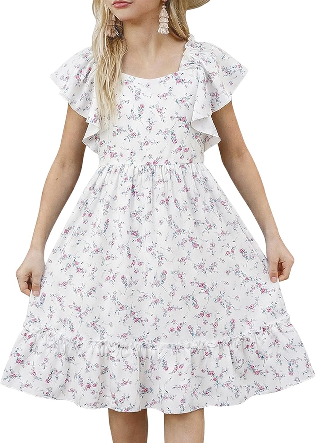 Haloumoning Girls Floral Summer Dress Kids Boho Ruffle Short Sleeve Square Neck Smocked Midi Dresses 5-14 Years