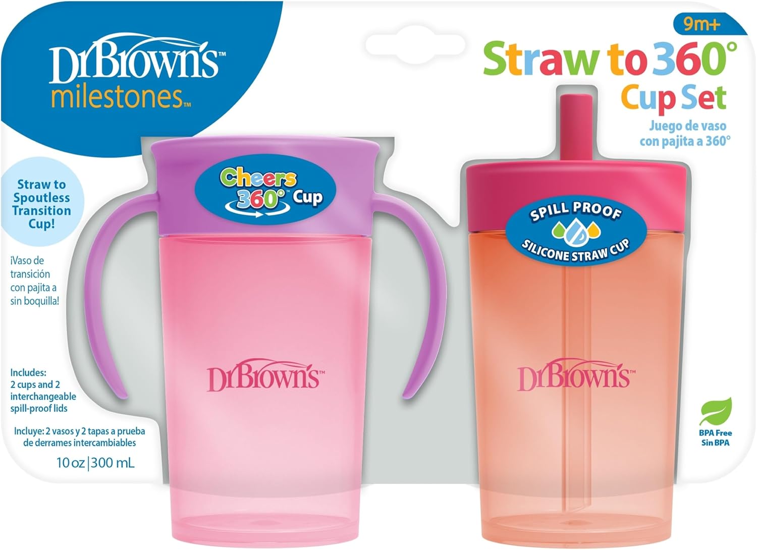 Dr. Brown’s Milestones Straw to 360 Convertible Toddler Training Cup Set with Interchangeable Silicone Straw and 360 Degree Cup Lids, Pink Coral, 10 oz/300 mL, BPA-Free, 9m+, 2-Pack