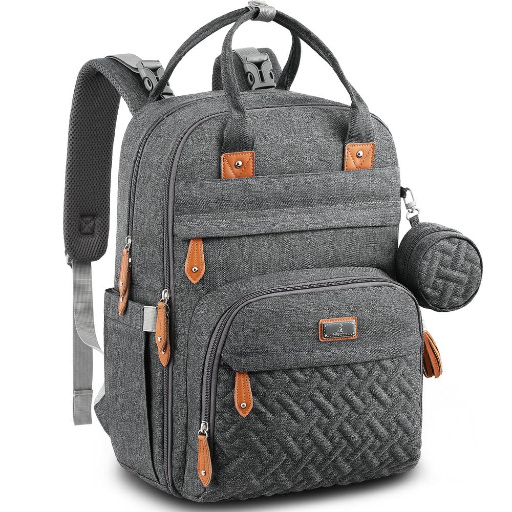 BabbleRoo Diaper Bag Backpack – Baby Essentials Travel Tote – Multi Function Water Resistant Diaper Bag, Travel Essentials Baby Bag with Changing Pad, Stroller Straps & Pacifier Case – Dark Gray