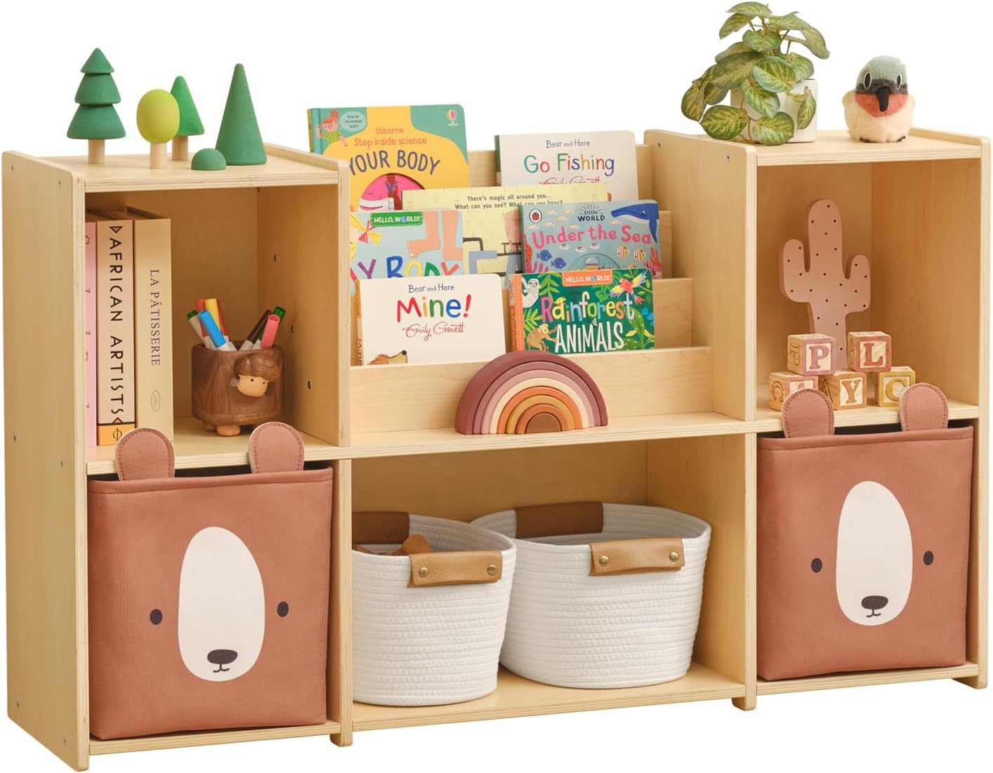 OOOK Montessori Bookshelf and Toy Storage Organizer with Book Rack | FSC Safety, 5-Compartment Toy Storage Cabinet for Kids Classroom Organizer, Playroom, Daycare, Nursery, 45.6″W×11.8″D×27.5″H