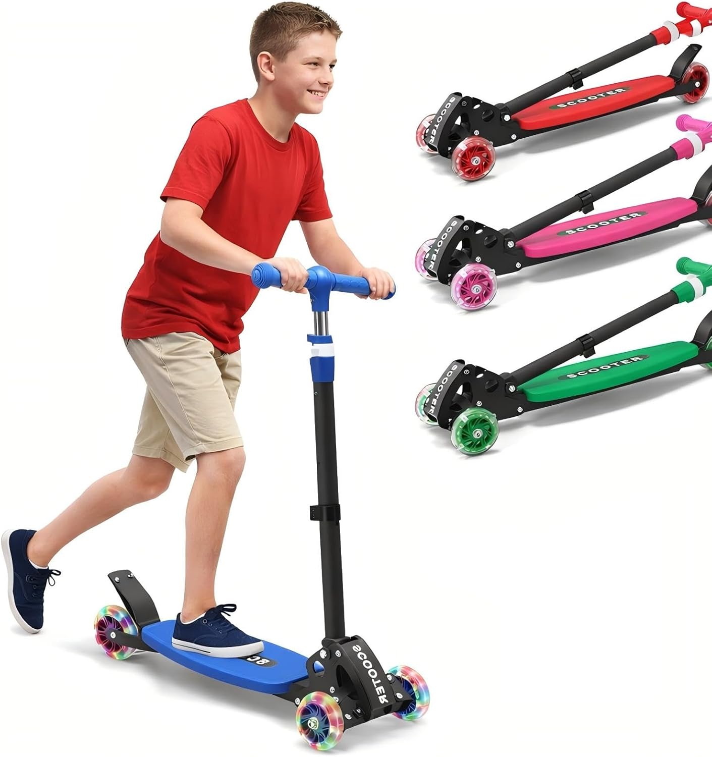 3 Wheel Kids Kick Scooter for Ages 3-12, Lean-to-Steer, Light-Up Wheels, 3-Level Adjustable Handlebar 27.5”-33”, Wide Non-Slip Deck, Dual Rear Brake,Travel Foldable, for Boys & Girls Toy Gifts