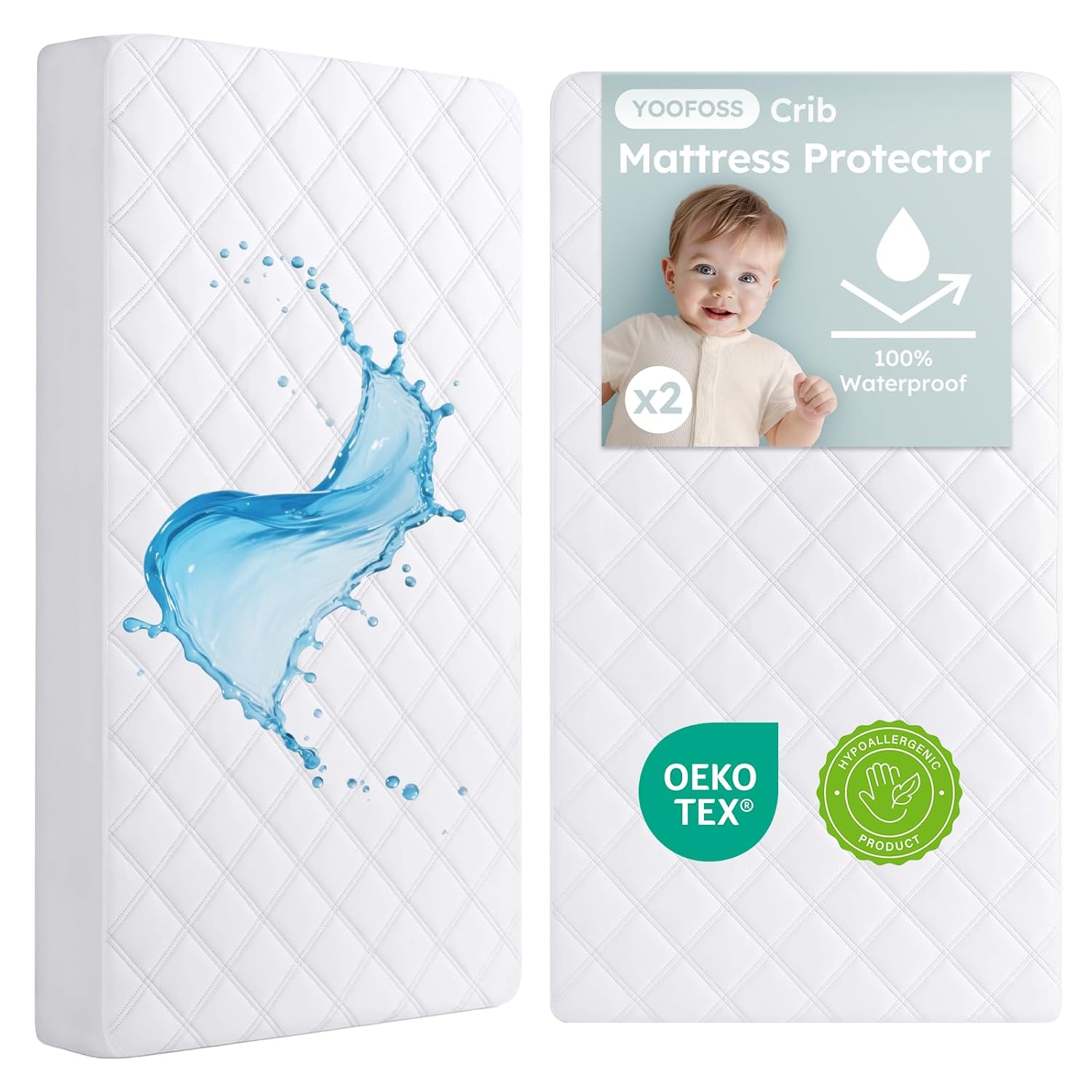 Yoofoss Waterproof Crib Mattress Protector 2 Pack, Quilted Crib Mattress Pad Cover Ultra Soft and Breathable, Machine Washable Toddler Mattress Protector for Standard Baby Crib Size 52”x28”