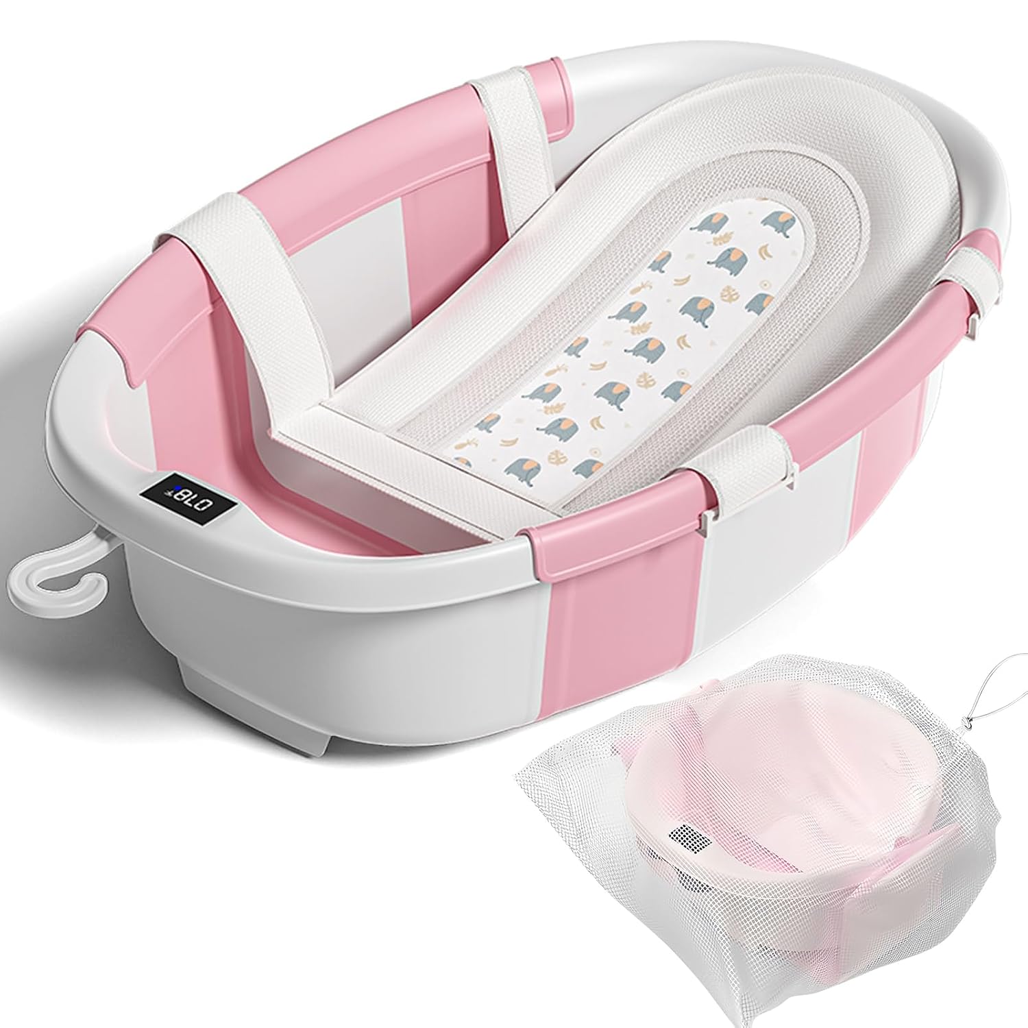 Collapsible Baby Bathtub with Soft Cushion and Thermometer, Newborn to Toddler Tub 0-36 Months with Toy Storage Mesh Bag, Portable Travel Bath for Infants (Pink)