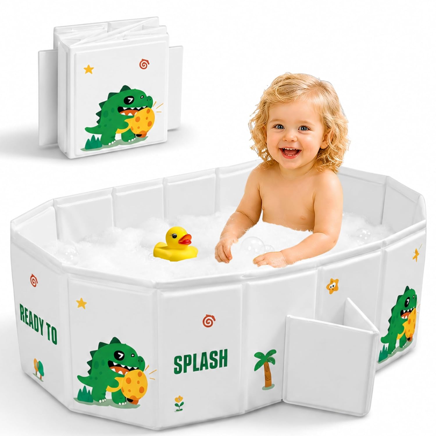OhSoBig Collapsible Toddler Baby Bathtub – Foldable Portable Tub for Shower & Home, Non-Slip Base with Cushioned Bottom, Drain Plug,Space-Saving & Travel Tub (Multi-Color Dino Splash Mix)