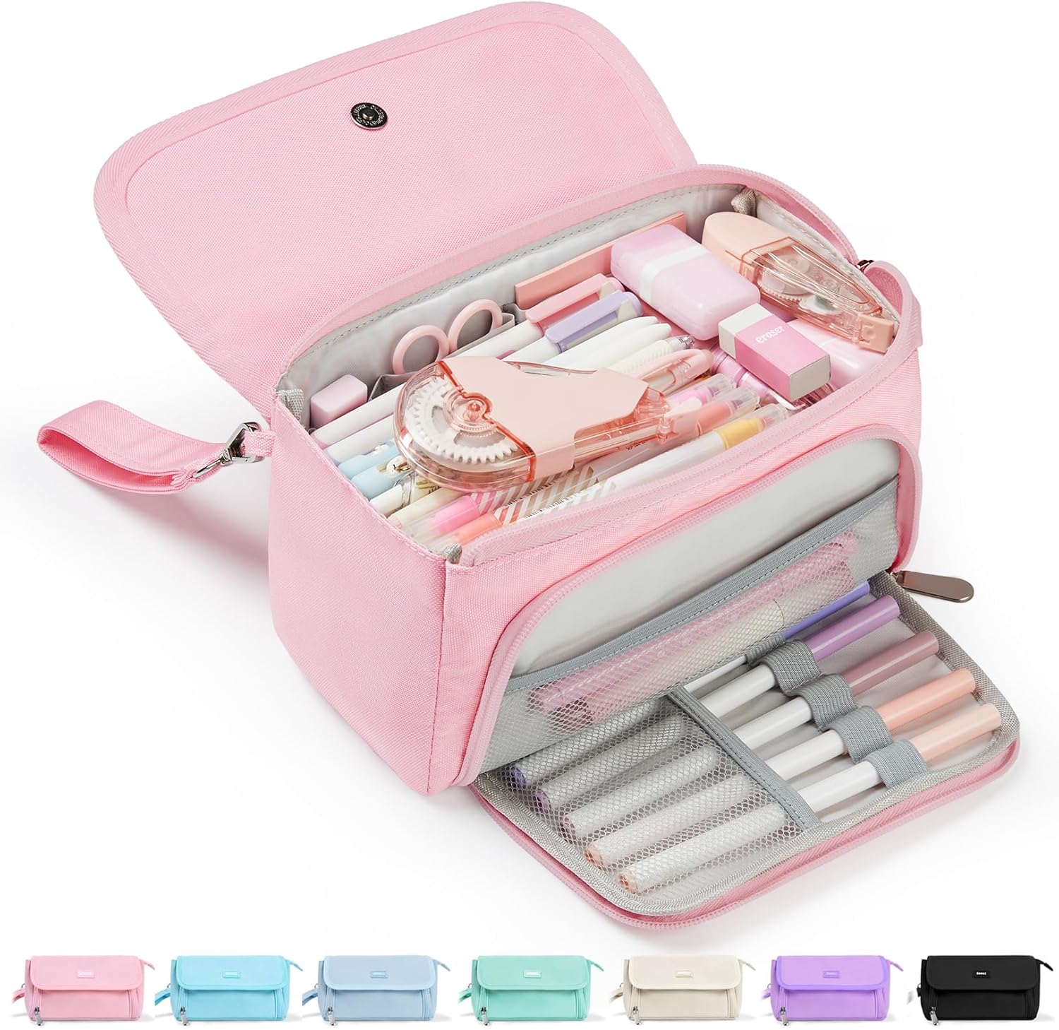 Sooez Super Large Pencil Case, Big Capacity Pencil Bag with 3 Compartments | Hold 200 pencils, Cute Pencil Pouch with Zipper, Portable Stationery Pen Bag, Aesthetic School Supplies For Girls, Pink