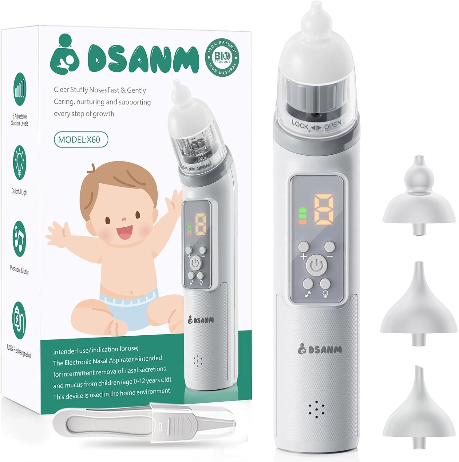 Electric Nasal Aspirator for Baby: 𝟕𝟖KPa 5-Level Powerful Suction | Soft Silicone Tips, Large Chamber Auto Nose Sucker, Music & Light Soothing, Battery Indicator, Backflow Protection
