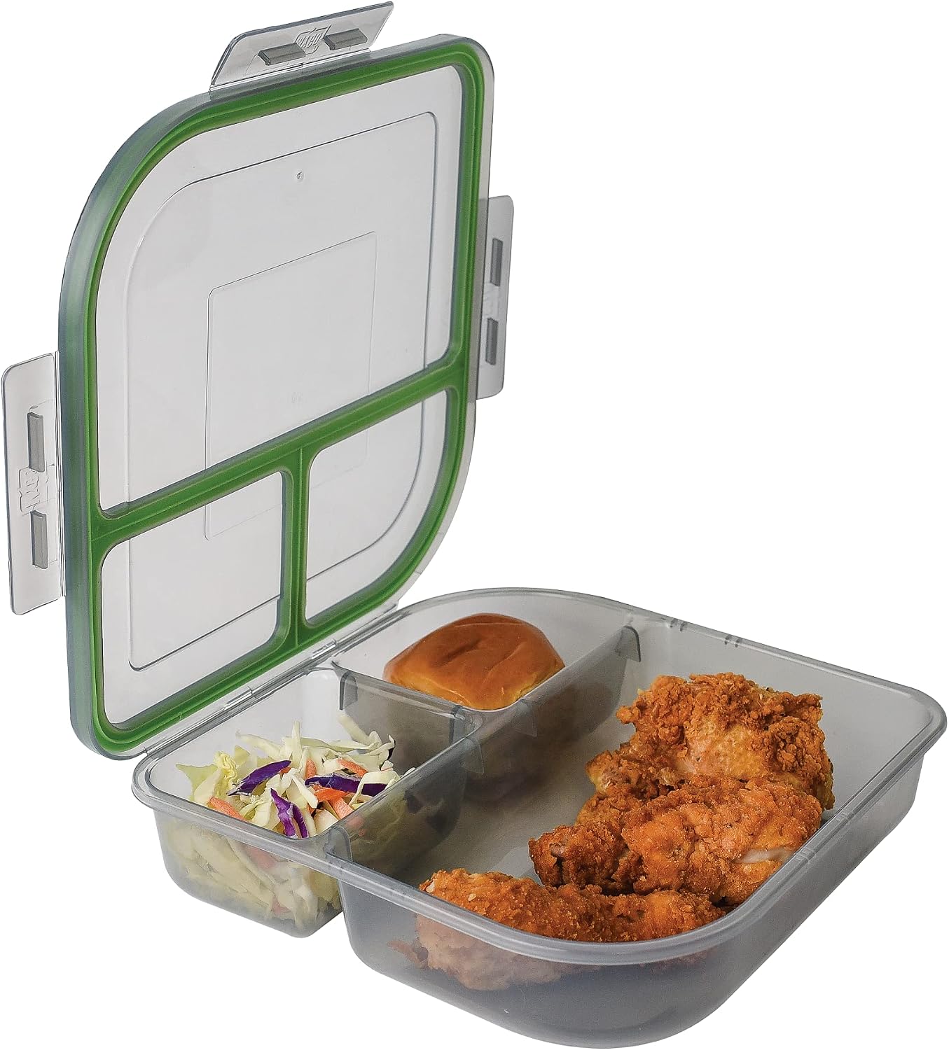 Large To-Go 3-Compartment Food Container, 9.4″ X 9.4″ X 2.5″, Reusable, Microwave Safe, NSF Certified, Smoke/Green