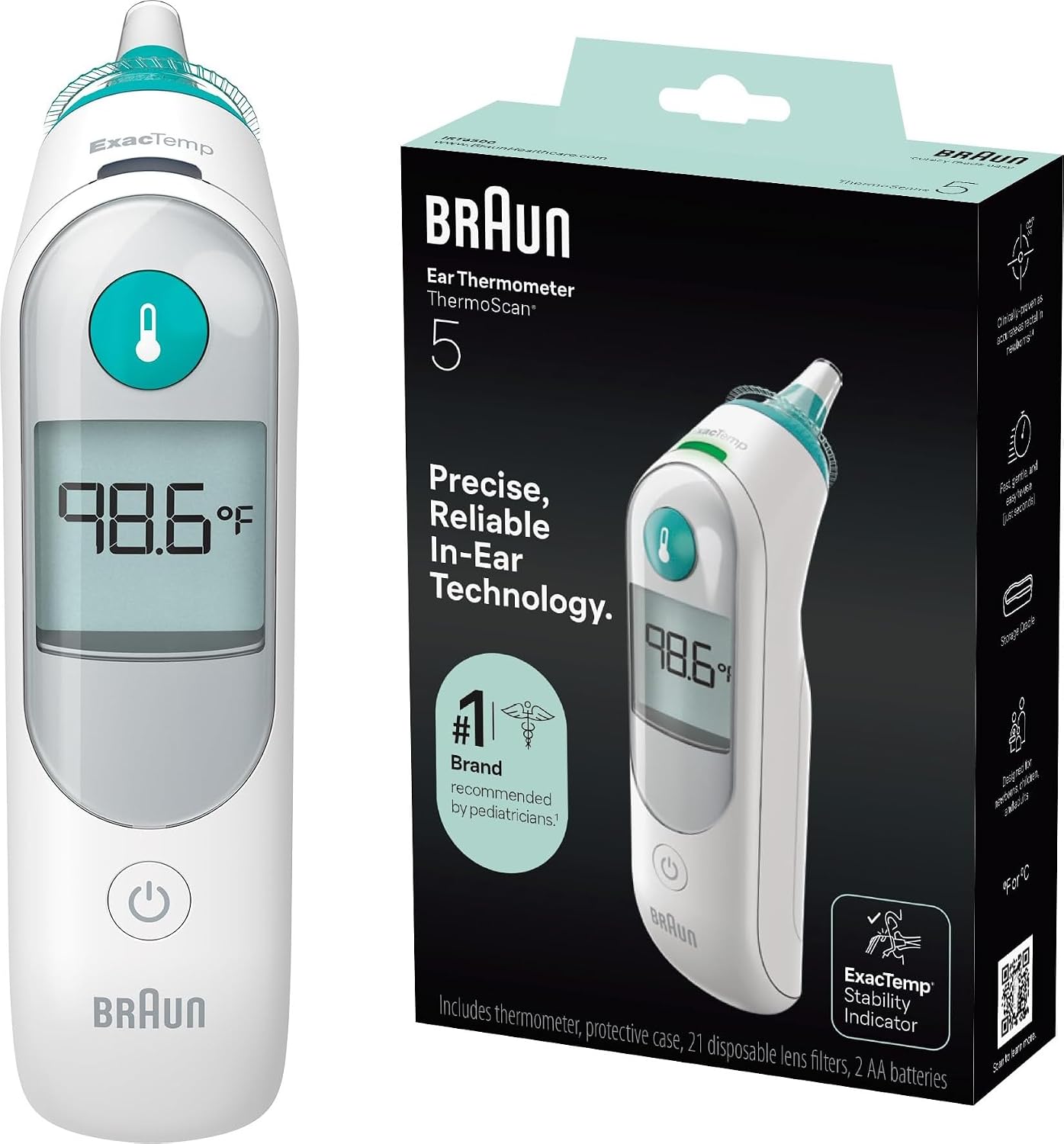 Braun ThermoScan 5 Digital Display Ear Thermometer | Baby and Infant Thermometer with ExacTemp Stability Indicator for Professional Accuracy, Recommended by Pediatricians
