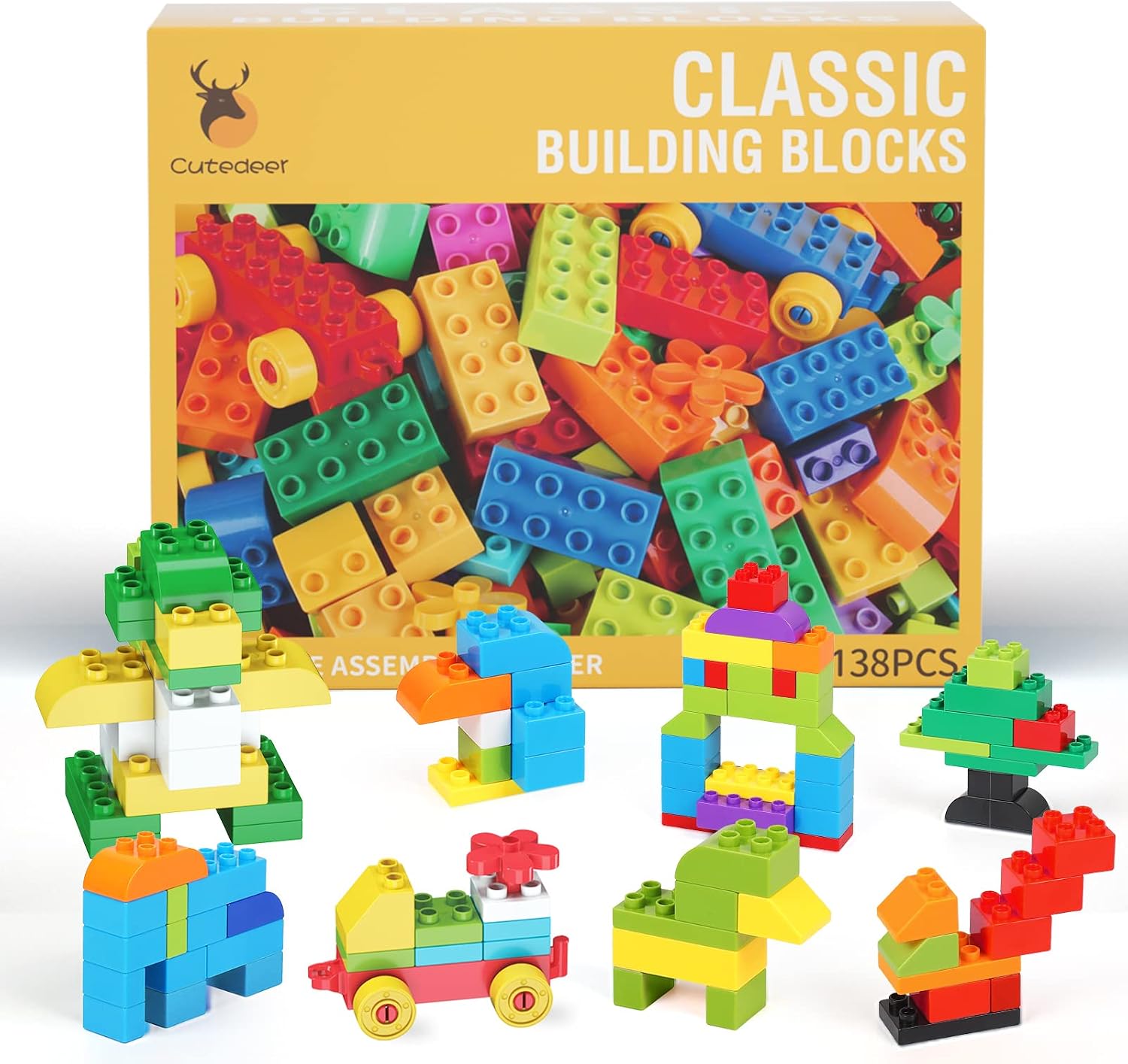 Cutedeer 138 Piece Building Blocks for Kids Toddlers, Classic Big Bricks Set Compatible with All Major Brands, STEM Large Building Toys with Gift Box for All Ages Boys Girls | Compatible with All Major Brands, STEM Large Building Toys with Gift Box for All Ages Boys Girls