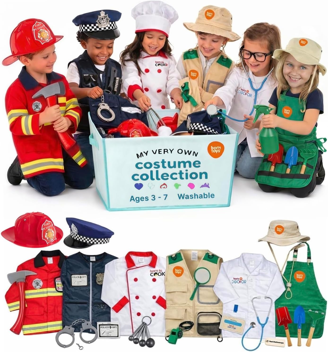 6-in-1 Kids Dress Up Clothes Costume Gift Set for Boys & Girls 3+ | Machine washable costume set, firefighter, police, doctor, chef, explorer or gardener with storage box, boys & girls 3-7
