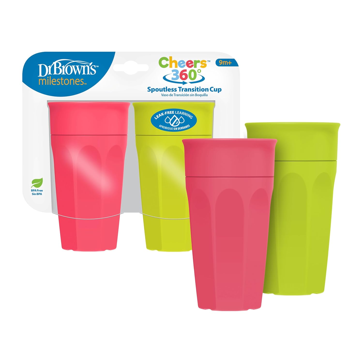 Dr. Brown’s Milestones Cheers 360 Spoutless Transition Cup, Travel Friendly and Leak Free Sippy for Babies and Toddlers, Green and Pink, BPA-Free, 10 oz/300 mL, 9m+