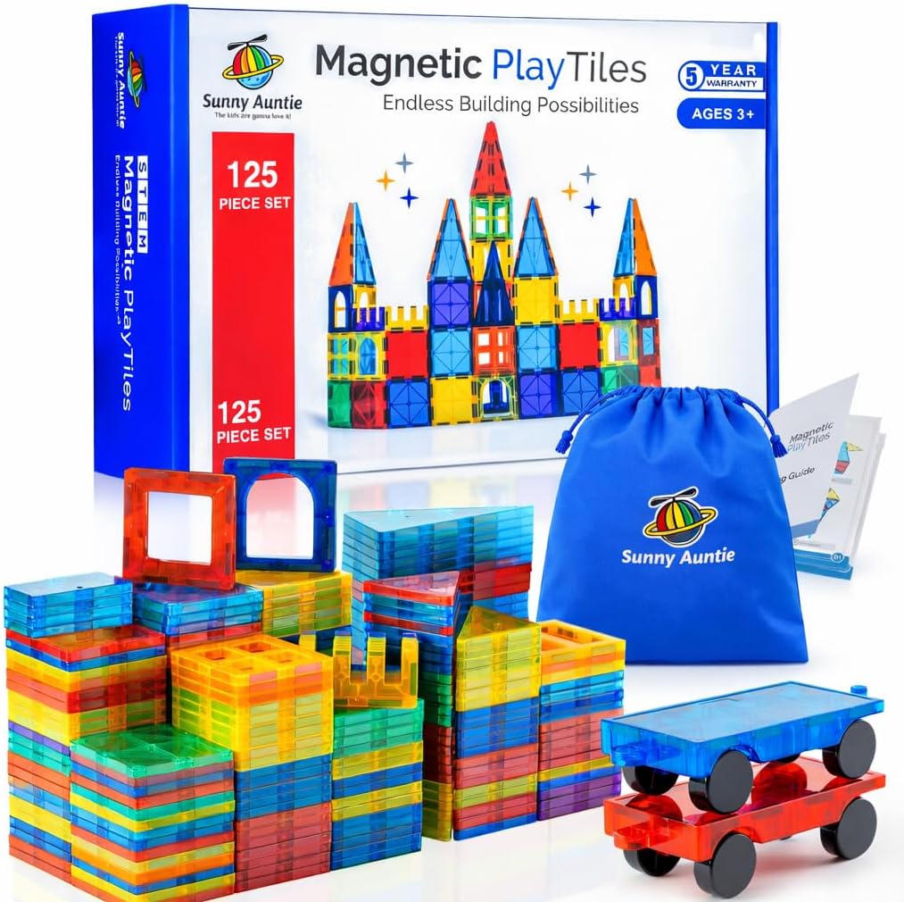SUNNY AUNTIE Magnetic Tiles STEM Toys Building Set, Ages 3+ – 125 Pieces | Magnetic Tiles Building Toys, STEM Toys, Magnetic Blocks Construction Set, with 2 Cars & Guide Booklet for Kids Ages 3+