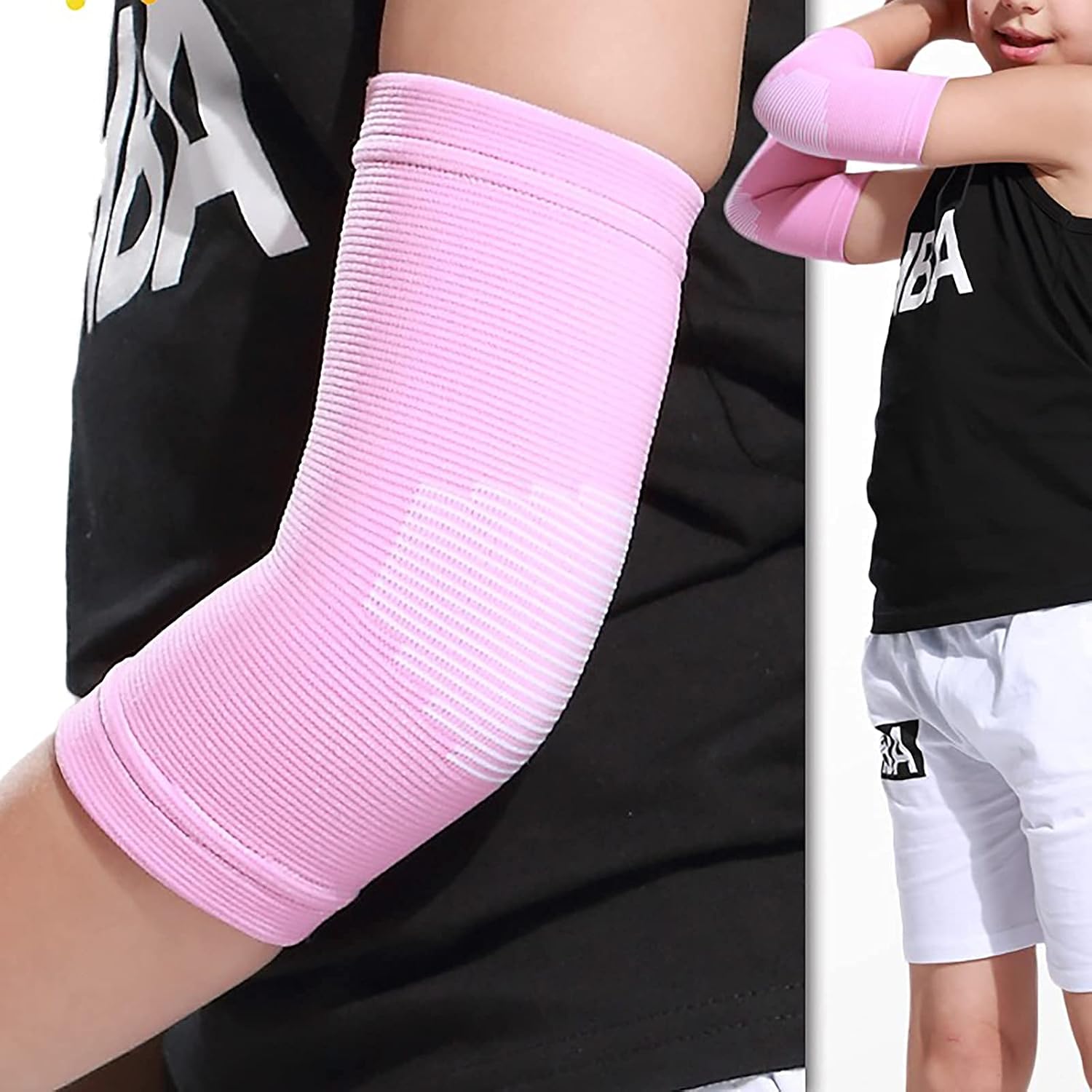 Kids Arm Guard,Compression Elbow Pads,Children Elbow Sleeves,Elbow Protection for Cycling Sports Basketball Volleyball(1 PAIR) (Pink) 1