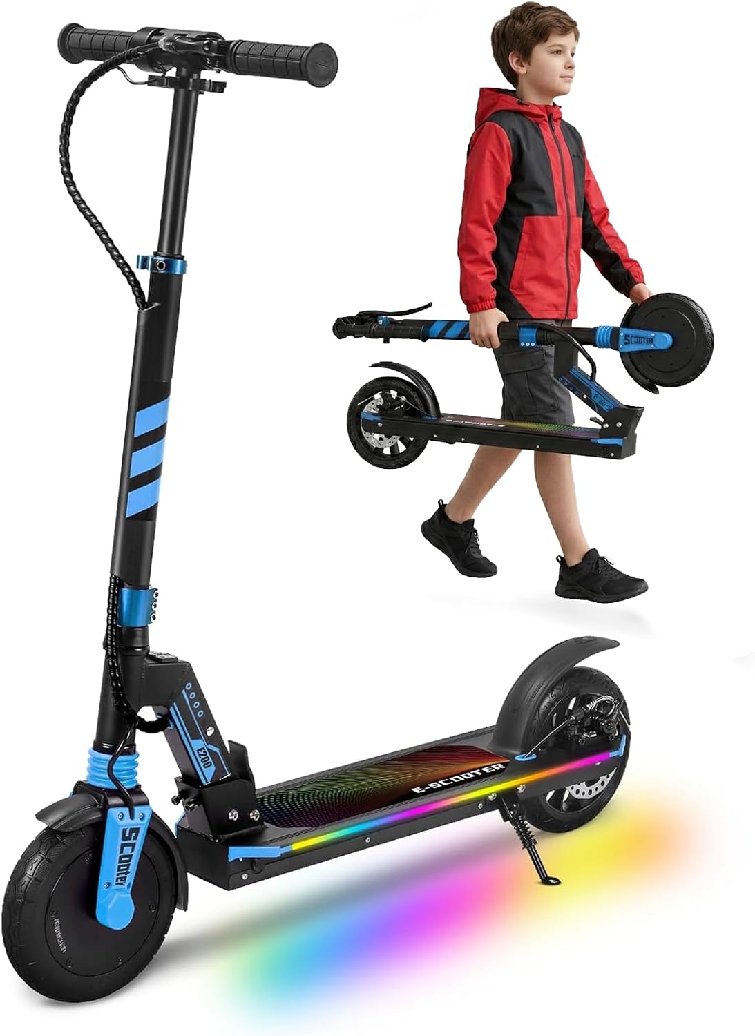 Electric Scooter Kids 8-14, 8″ Solid Tires, Wide Platform, UL2272 | 200-250W, Up to 10-12 MPH, Long 12 Mile Range, Front Suspension, 4 Height Adjustable, Colorful Light, Foldable, Lightweight