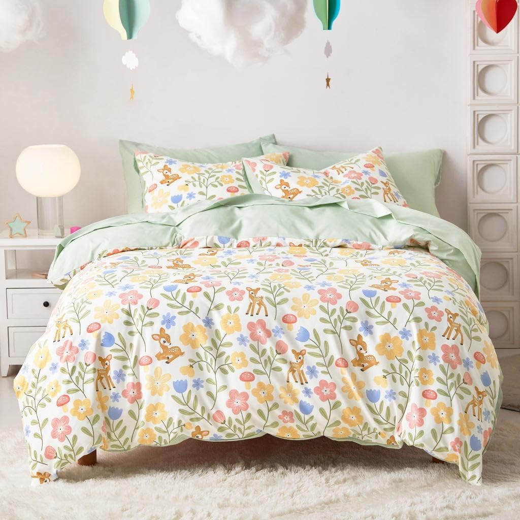 Wake In Cloud – Floral Bedding Set for Girls, Cute Colorful Botanical Flowers Deers Patterned Soft Lightweight Comforter Set with Sheets, 5 Pieces Kids Bed in a Bag, Green Cream, Twin Size