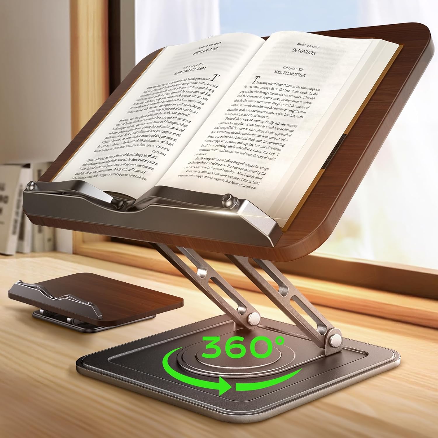 LOXP Book Stand for Reading, 360° Rotating Holder with Page Clip, Ergonomic | Adjustable height angle, Hands-free, anti-slip base, Fits tablets cookbooks magazines laptops, wood and metal, Black