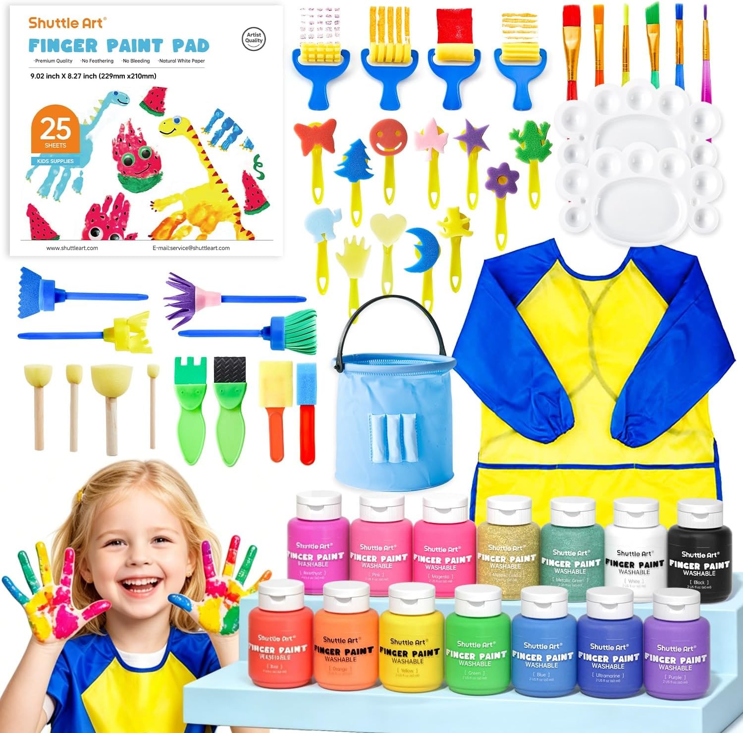Shuttle Art Washable Finger Paint Set, 53 PCS with 14 Colors (2 fl oz), Paint Brushes, Sponge, Palette, Non-Toxic Finger Painting for Toddlers