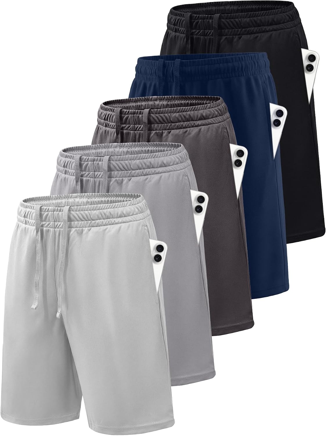 Rupy 5 Pack Boys Athletic Quick Dry Soccer Basketball Shorts with Pockets | Breathable Lightweight Fabric, Adjustable Elastic Drawstring Waist, Moisture-Wicking Youth & Teen Outdoor Activewear Bottoms
