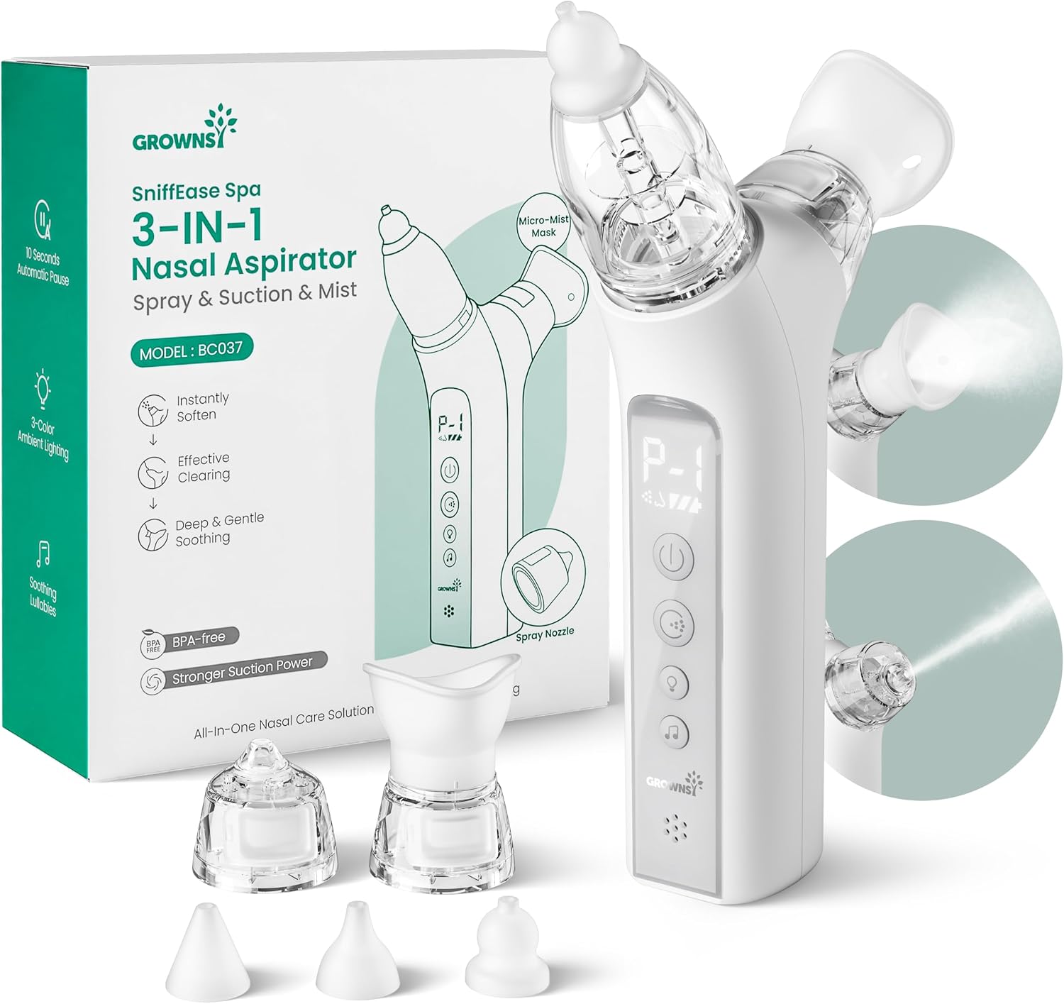 GROWNSY SniffEase 3-in-1 Baby Nasal Aspirator – Spray, Suction & Mist, Grey | Hospital-Grade Nose Suction Clears Fast, Soothing Light & Music, Large Chamber Cuts Frequent Emptying, Easy to Clean