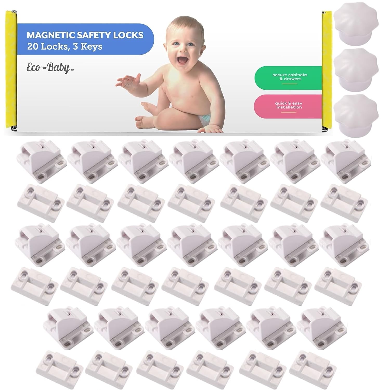 Magnetic Cabinet Locks for Babies, Child Safety Locks, 20 Pack | Baby Proof Cabinet and Drawer Locks, Hidden Safety Locks for Bath & Kitchen Cabinets, Easy No-Drill Install, 3 Keys