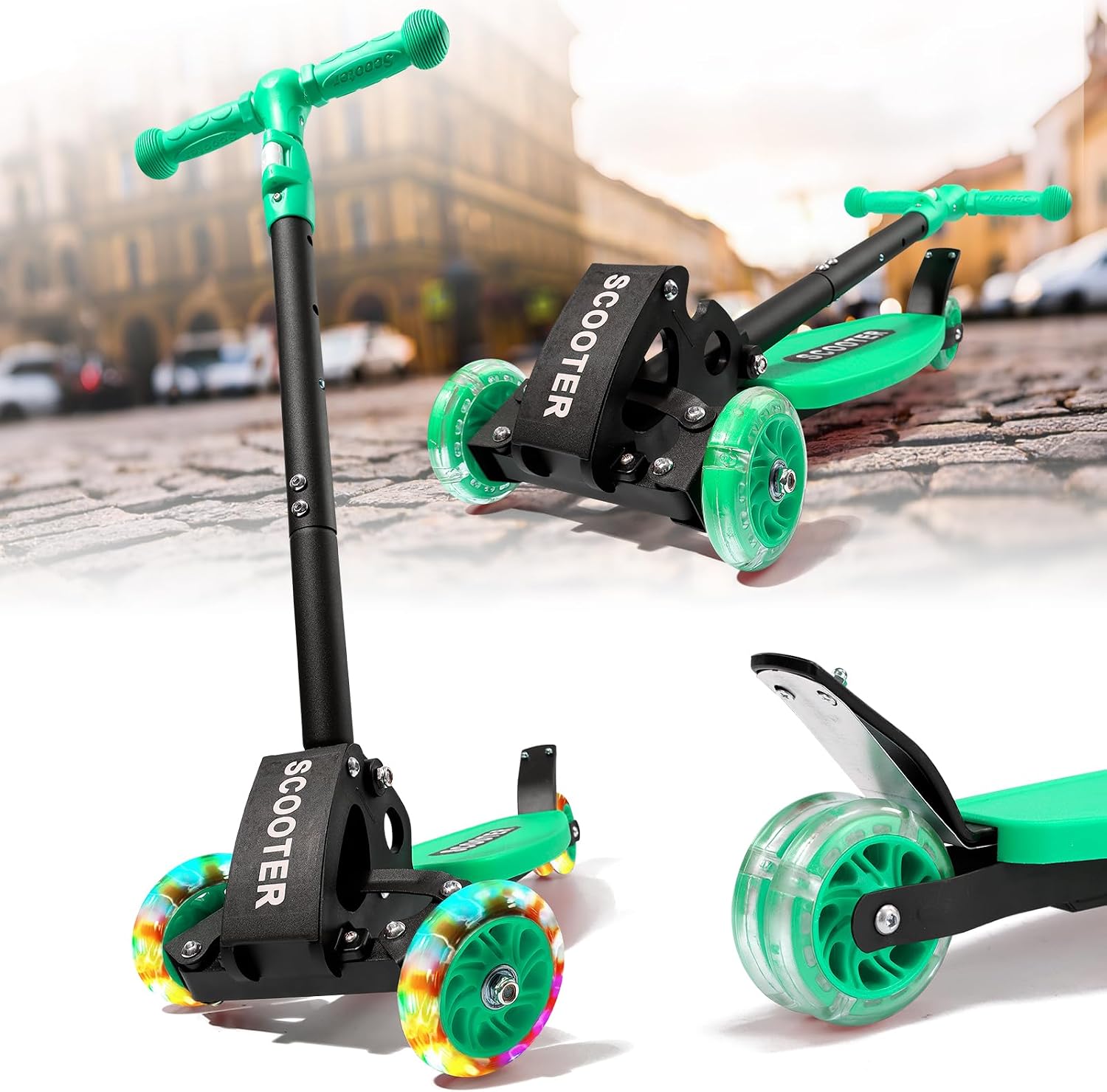 Kick Scooters for Kids 5-7 8-12,Lean to Steer,Three Wheeled Light Up,28″-32″ Adjustable Handlebar,Widen Anti-Slip Deck,Floor Push Scooter for Boys Girls Ages 6-12 3-4 Old,Foldable for Travel