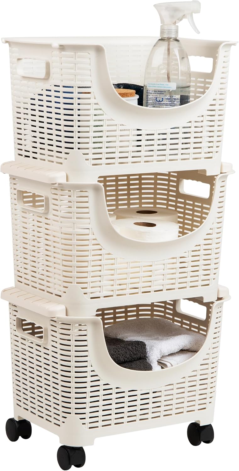 Mind Reader Plastic Storage Cart, Kitchen Storage, Rolling, Toy Storage, Laundry, Kitchen, 14.75″L x 11″W x 28.25″H, Ivory