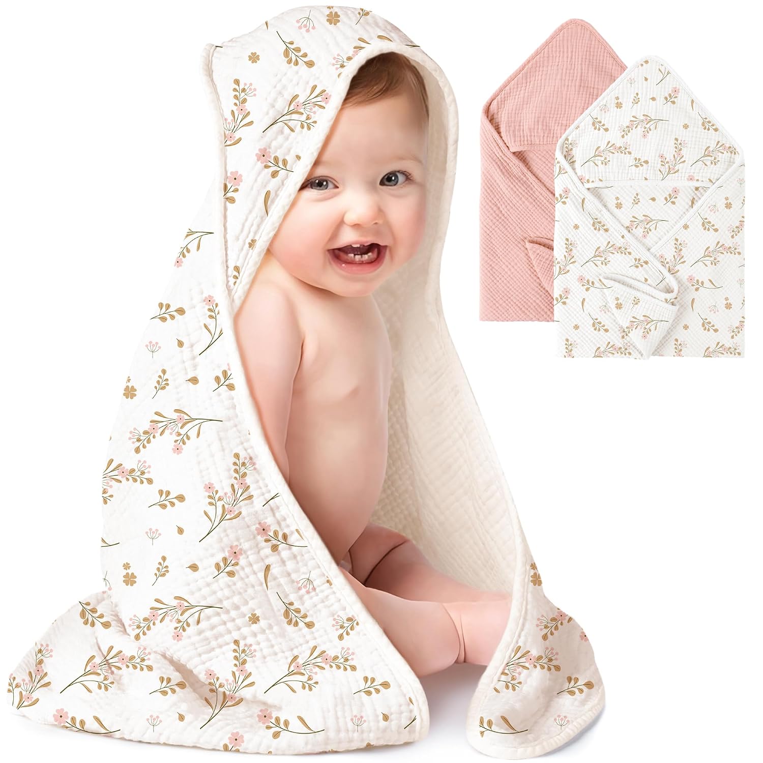 Konssy 2-Pack Muslin Hooded Baby Towels, Bath Towel for Newborns, Toddlers | 32 x 32 In, Ultra-Soft & Absorbent, 100% Cotton Bath Towels Set With Hood for Infants, Boys and Girls (Pink, Floral)