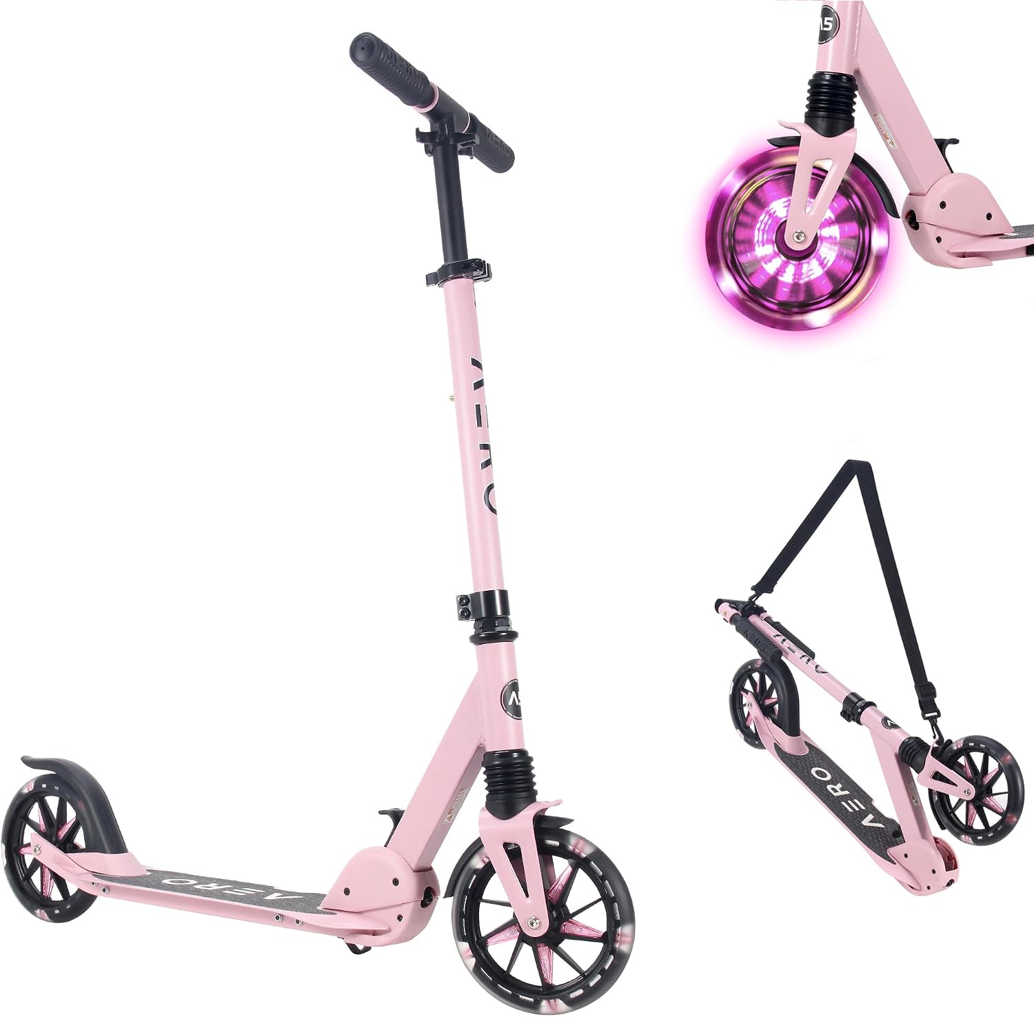 AERO MOBILITY Big Wheel Kick Scooter for Kids 6-12, Teens & Adults | Light Up Wheels | Hand Controlled Brake | Shock Absorption | Rubber Deck Mat | Foldable & Height Adjustable
