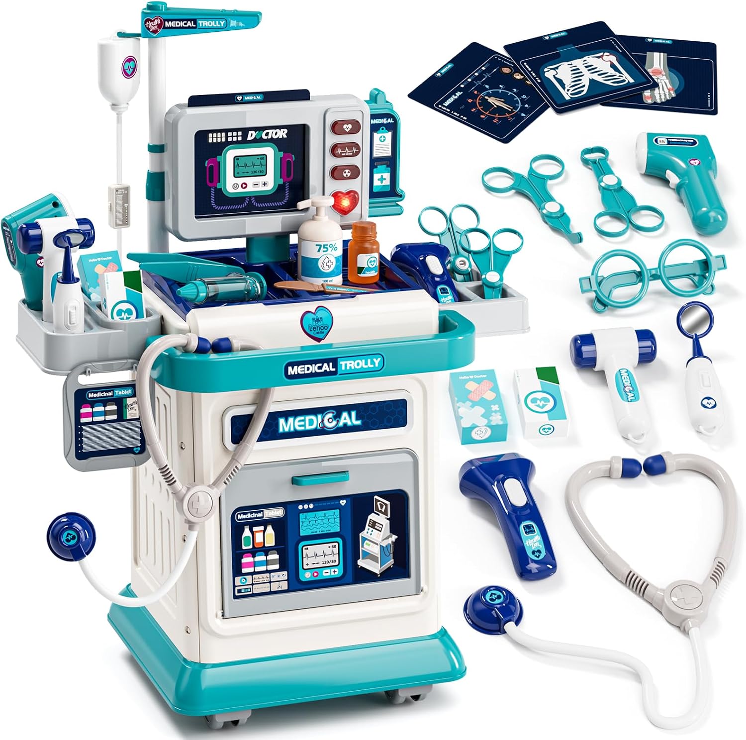 Lehoo Castle Doctor Kit for Toddlers 3-5, Gifts for Girls Boys 2-4 (Blue) | Kids Doctor Playset Cart with Lights and Sound, Pretend Play Doctor Set with Stethoscope Medical Accessories, Birthday Gift