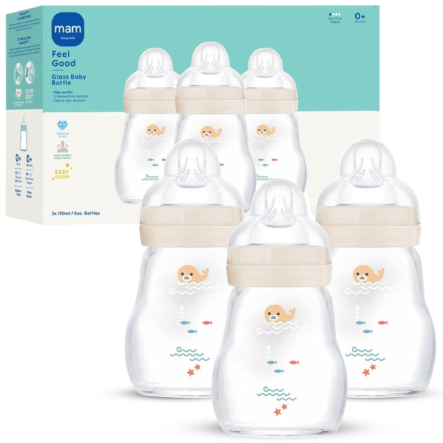 MAM 6oz Pure Glass Feel Good Anti-Colic 0+ Months Baby Bottle, 3 Pk, Unisex | Slow Flow Skin Soft Silicone Nipple, Easy to Clean, BPA Free, Easy Switch Between Breast & Bottle, Made In Europe