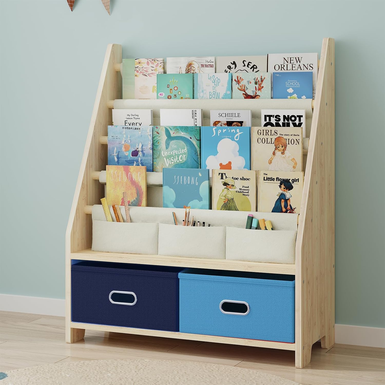 EXPERLAM 4 Tier Kids Bookshelf with Storage Bins, Solid Wood Toddler Book Shelf and Toy Organizer, Sling Book Rack for Kids Room, Nursery, Playroom, Blue