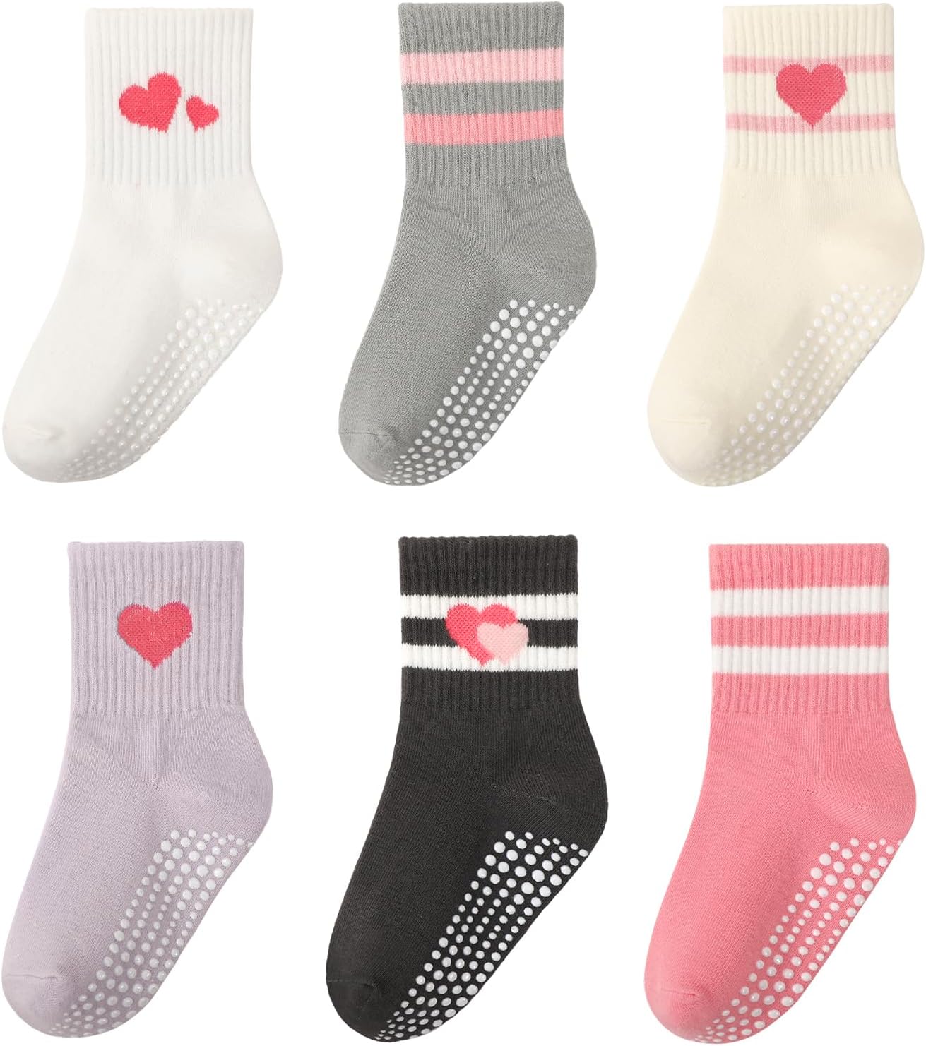 6 Pairs Toddler Grip Socks with Stripe Heart Age 1-5 Years | Soft combed cotton, Stretchy Cuff, Seamless Socks for Boys Girls Back to School