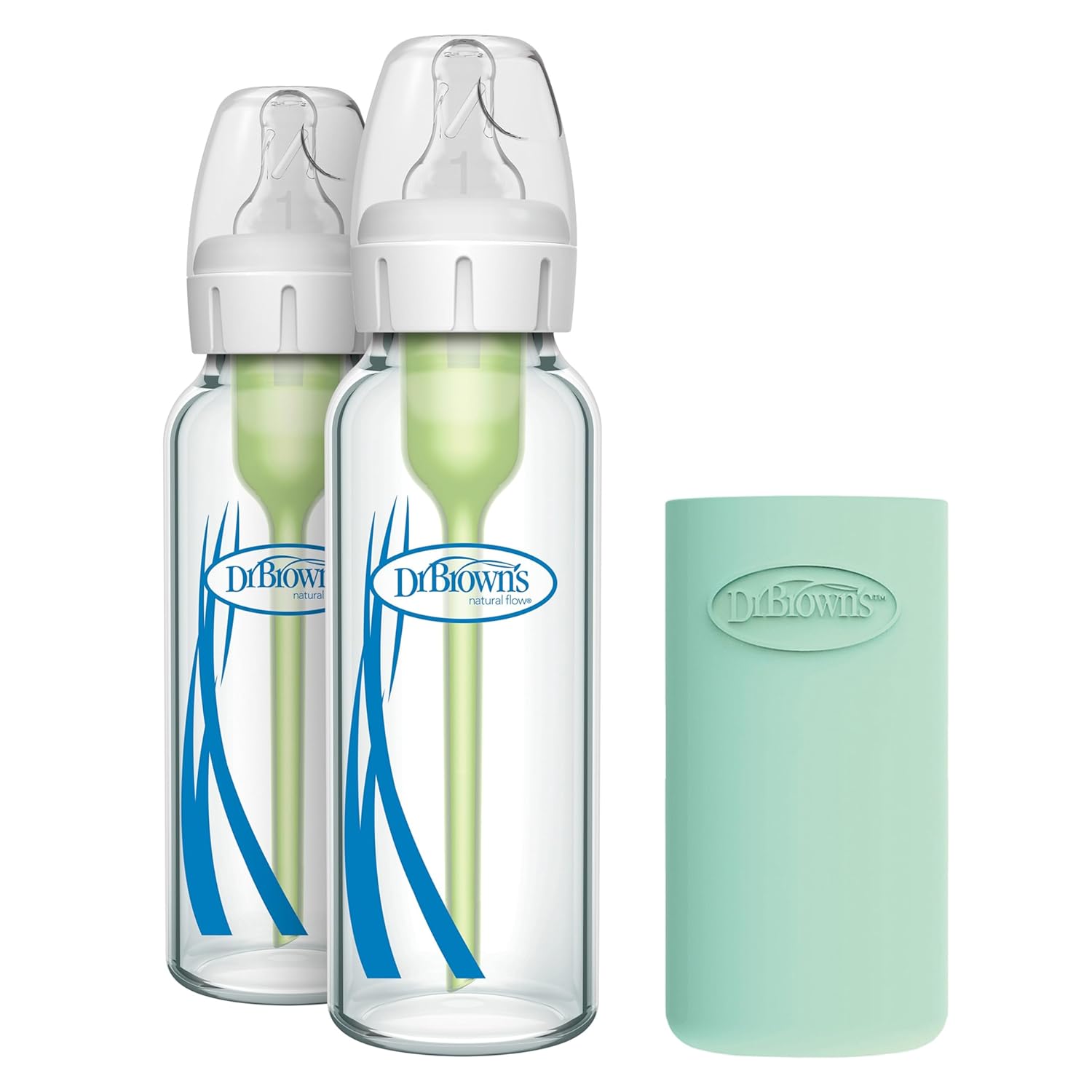 Dr. Brown’s Anti-Colic Options+ Narrow Glass Baby Bottle with Level 1 Slow Flow Nipple, BPA-Free, 8 oz/250 mL, 0m+, 2-Pack + Mint Bottle Sleeve