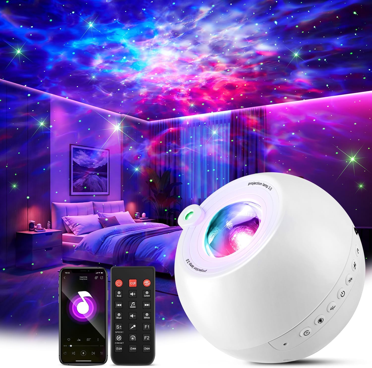 One Fire Galaxy Projector,15 Colors,Gifts for Girls&Women&Boys,White Noise | Birthday,7 Brightness,Green Star,4 Speed,Bluetooth,Romote,Timer,Teen Bedroom Decor,Relax,Party,Led Lights,Lava Lamp